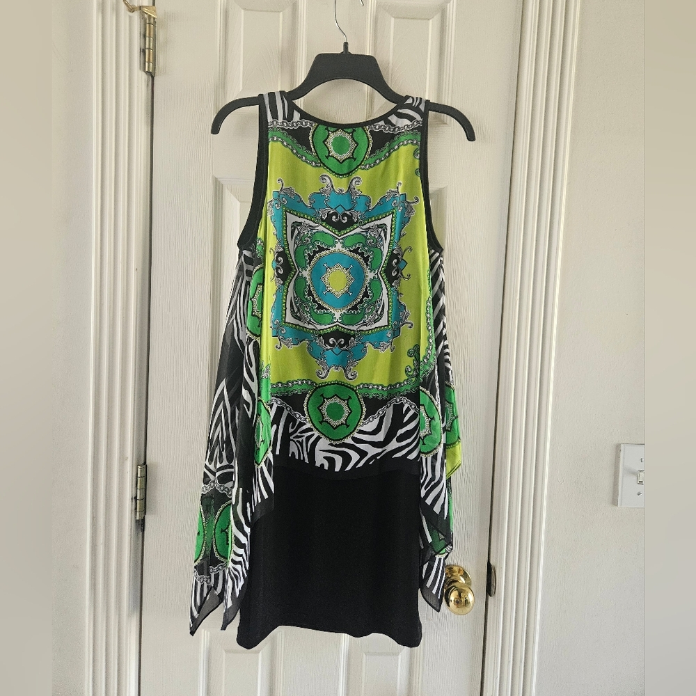 Vibrant Green/Black Sleeveless Dress With Handkerchief Scarf Overlay, Sz 6, EUC - Picture 5 of 7